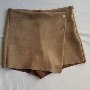 Tan, Faux Suede, High-Waisted, Skort